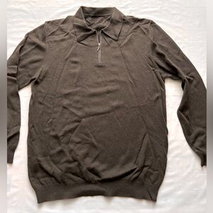Cerruti 1881 Wool Cashmere polo Sweater Brown quarter Zip Leather logo Size 54